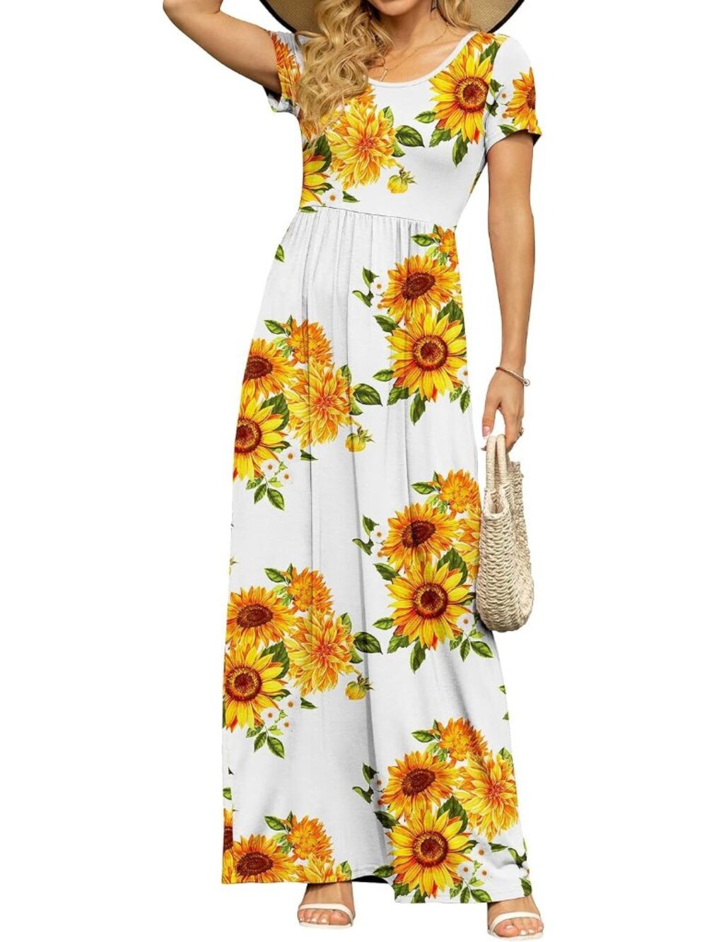〽️Women's White Sunflower Maxi Dress Short Sleeve Empire Waist Pockets Casual